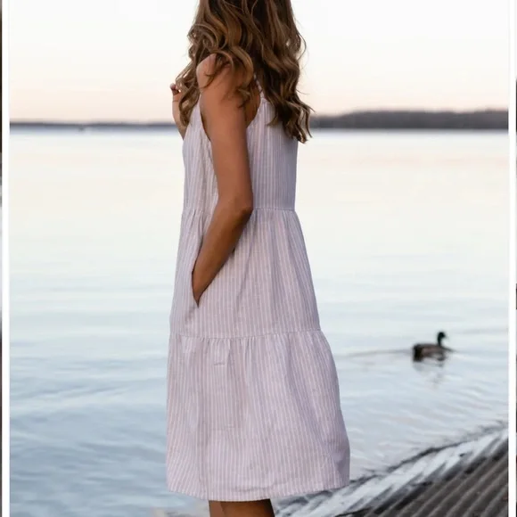 Lena Tiered Linen Dress in Beige and White Stripe Sz L handmade fair trade - Picture 2 of 7